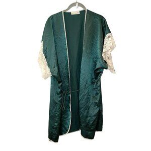 Wendy Ann Vintage 80s 90s Emerald Green Satin Lace Trim Short Robe Tie Waist L
